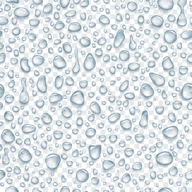 Patrón sin fisuras de gotas de agua gris translúcida de diferentes formas con sombras, aisladas sobre fondo transparente. Transparencia solo en formato vectorial