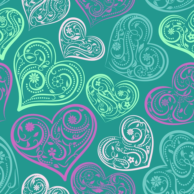 Patrón sin fisuras de grandes corazones con adornos de rizos, flores y hojas, de color verde