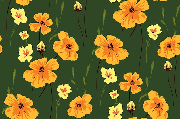 Patrón sin fisuras con grandes flores amarillas y plantas más pequeñas. varias flores silvestres y plantas se encuentran esparcidas libremente sobre un fondo verde. impresión floral en vector.