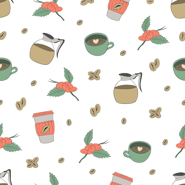 Patrón sin fisuras de grano de café, taza de café, cafetera