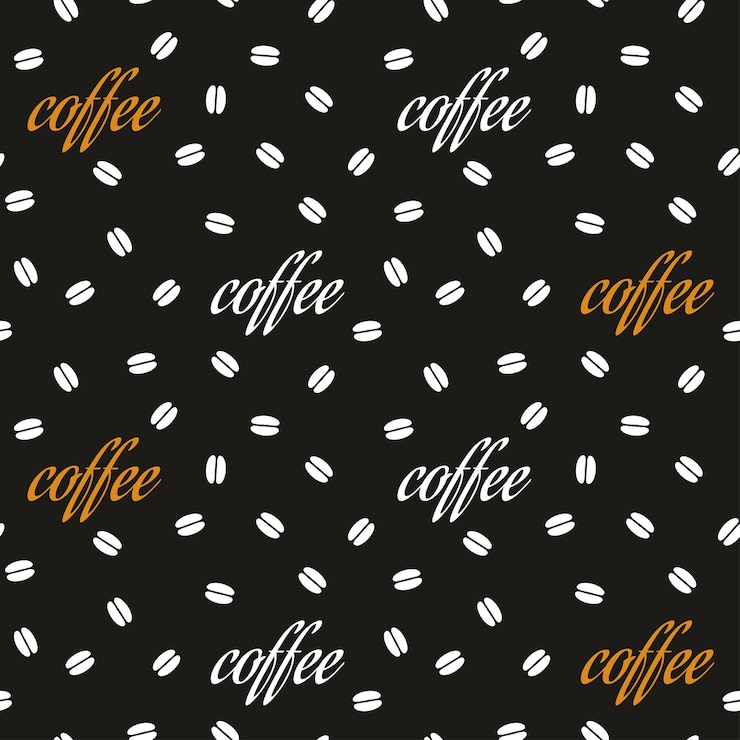 Patrón sin fisuras con granos de café sobre fondo negro. Diseño moderno para tela y papel, texturas superficiales.