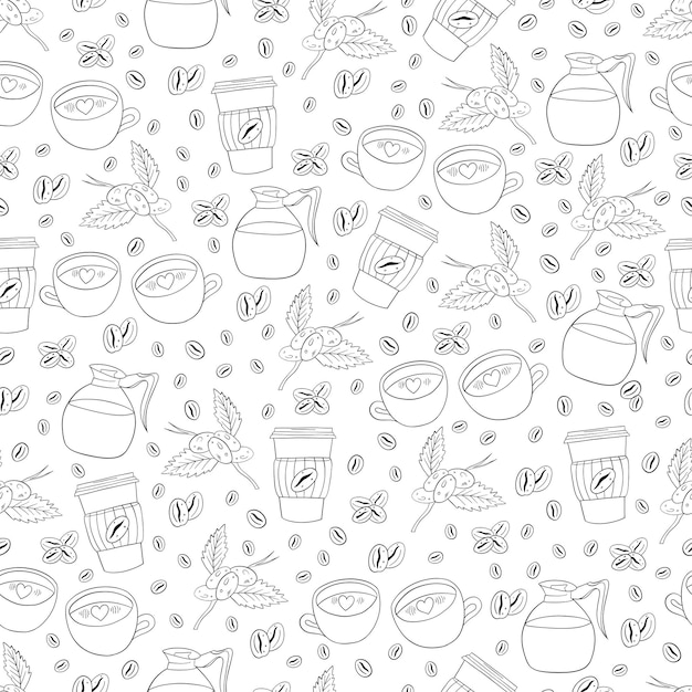 Patrón sin fisuras con granos de café, tazas de café y cafetera