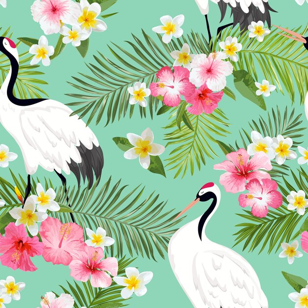 Patrón sin fisuras con grullas japonesas y flores tropicales, fondo de pájaro retro, estampado de moda floral, conjunto de decoración japonesa de cumpleaños. Ilustración vectorial