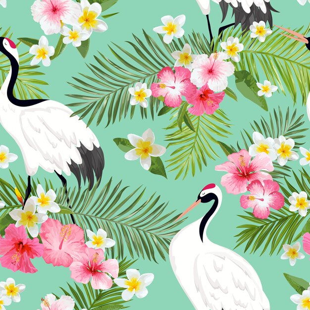 Patrón sin fisuras con grullas japonesas y flores tropicales, fondo de pájaro retro, estampado de moda floral, conjunto de decoración japonesa de cumpleaños. ilustración vectorial