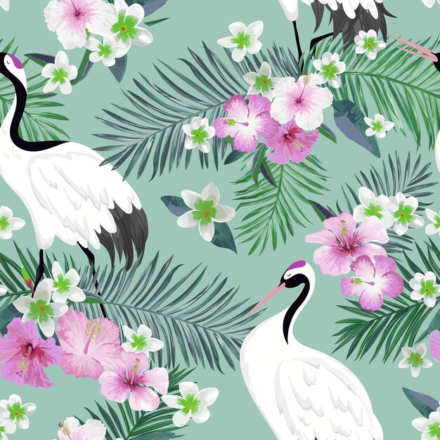 Patrón sin fisuras con grullas japonesas y flores tropicales, fondo de pájaro retro, estampado de moda floral, conjunto de decoración japonesa de cumpleaños. Ilustración vectorial