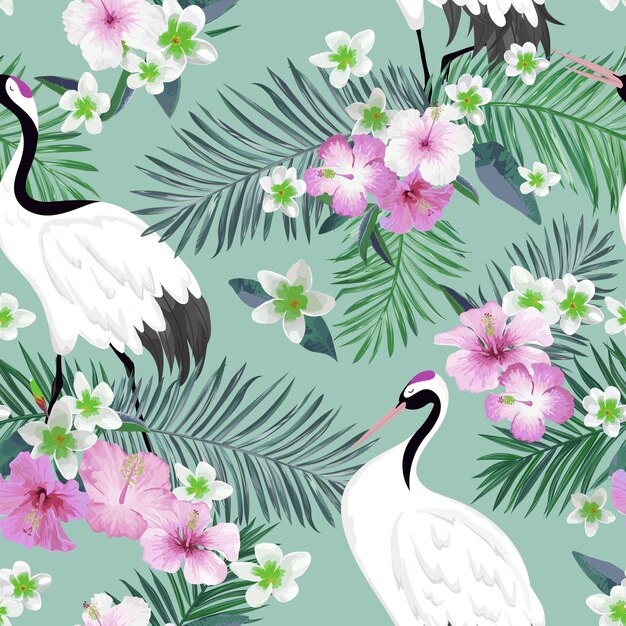 Patrón sin fisuras con grullas japonesas y flores tropicales, fondo de pájaro retro, estampado de moda floral, conjunto de decoración japonesa de cumpleaños. ilustración vectorial