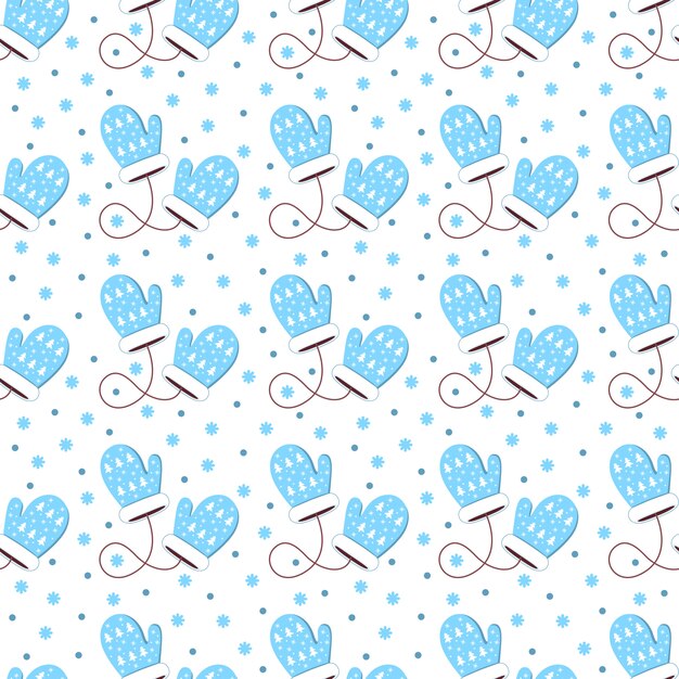 Patrón sin fisuras de guantes azules con un copo de nieve. Diseño plano