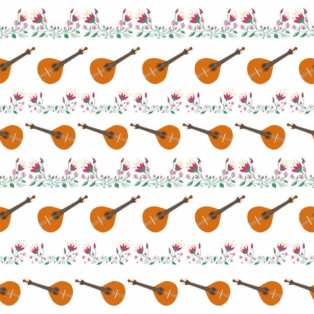 Patrón sin fisuras de guitarra portuguesa con flores azulejos típicos Música y tradiciones musicales
