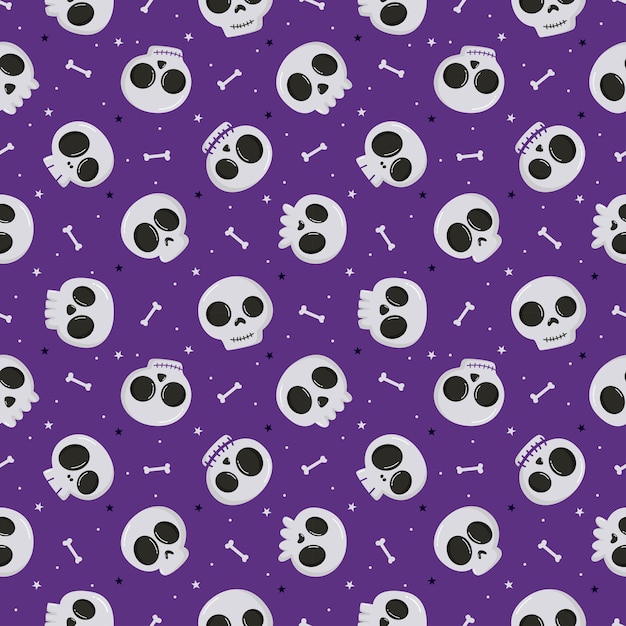 Patrón sin fisuras de Halloween con calavera y hueso aislado sobre fondo púrpura
