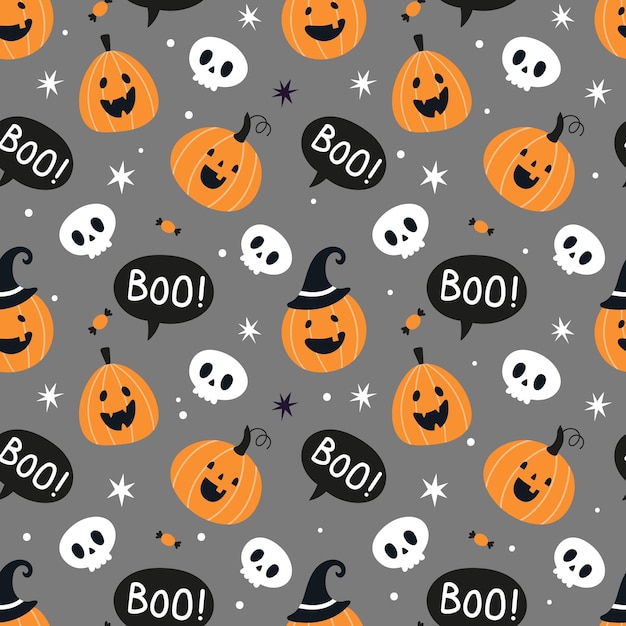 Patrón sin fisuras de Halloween con divertidas calabazas y calaveras Ideal para papel de regalo de tela textil para bebés