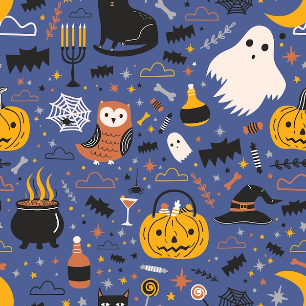 Patrón sin fisuras de halloween con divertidas criaturas mágicas espeluznantes y elementos sobre fondo oscuro: fantasma, jack-o'-lantern, gato negro, búho, telaraña. ilustración de vector de dibujos animados planos para impresión textil.