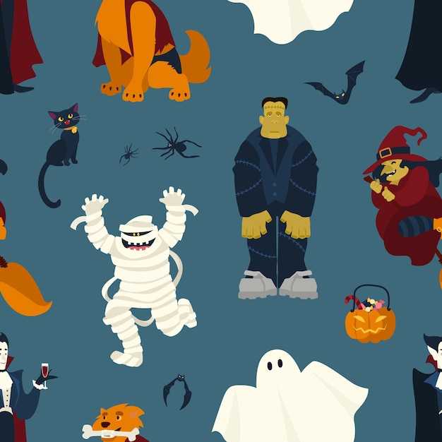 Patrón sin fisuras de Halloween con divertidos personajes mágicos de miedo: fantasma, vampiro, momia, bruja, gato negro, monstruo, hombre lobo