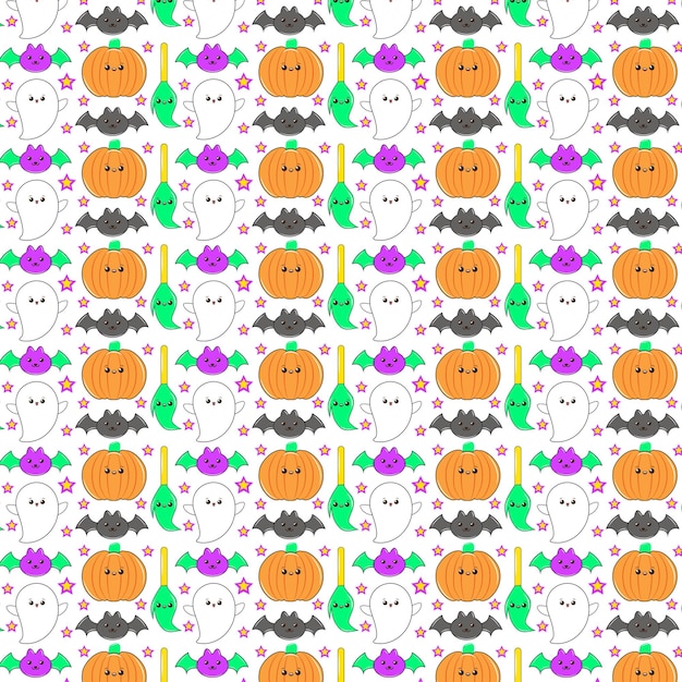 Patrón sin fisuras de Halloween en estilo cómico de dibujos animados. Conjunto de fondo de patrones sin fisuras feliz halloween