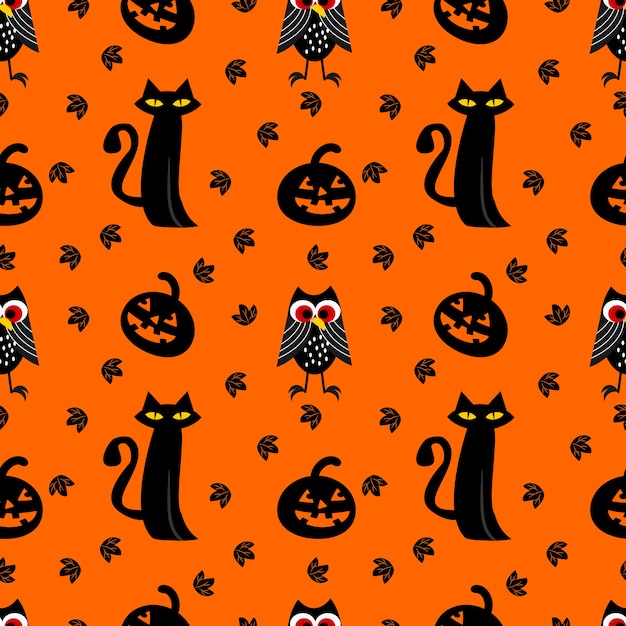 Patrón sin fisuras de Halloween gato negro y búho.