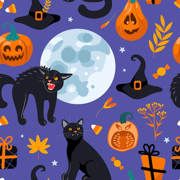 Patrón sin fisuras de halloween gato negro, luna, sombrero de bruja, regalos, linterna de gato, dulces. sobre un fondo morado. estilo de dibujos animados de ilustración brillante. para papel tapiz, impresión en tela, envoltura, fondo.