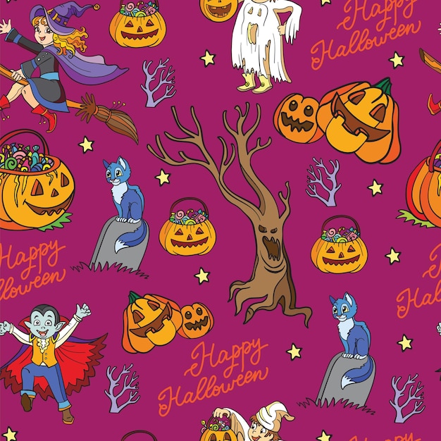 Patrón sin fisuras de Halloween con gato vampiro calabazas