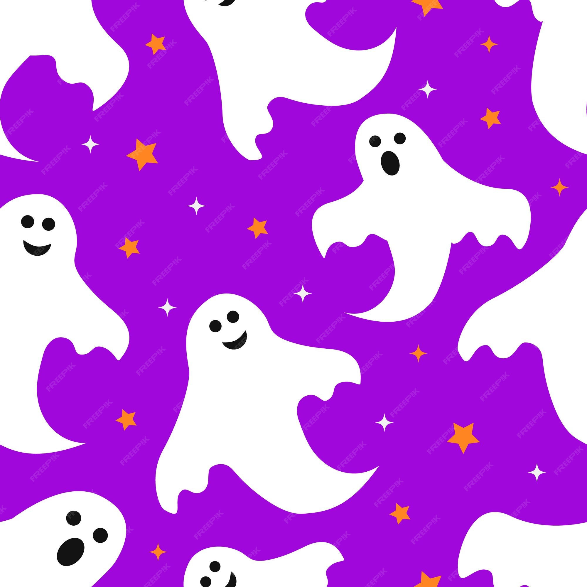 Patrón sin fisuras de halloween con lindos fantasmas de dibujos animados sobre fondo púrpura plantilla de vector fácil de editar para tarjeta de felicitación cartel banner fiesta invitación tela textil papel de Patrón sin fisuras de halloween con lindos fantasmas de dibujos animados sobre fondo púrpura plantilla de vector fácil de editar para tarjeta de felicitación cartel banner fiesta invitación tela textil papel de