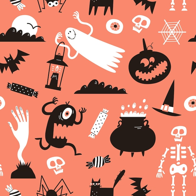 Patrón sin fisuras de Halloween con lindos personajes dibujados a mano