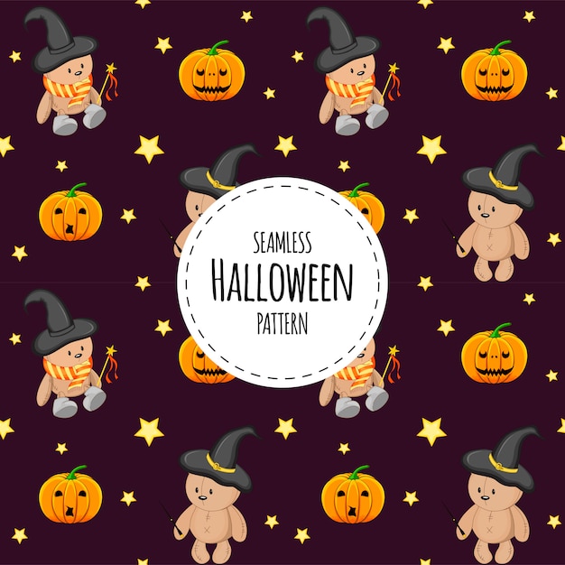 Patrón sin fisuras de Halloween con osos de peluche. Estilo de dibujos animados