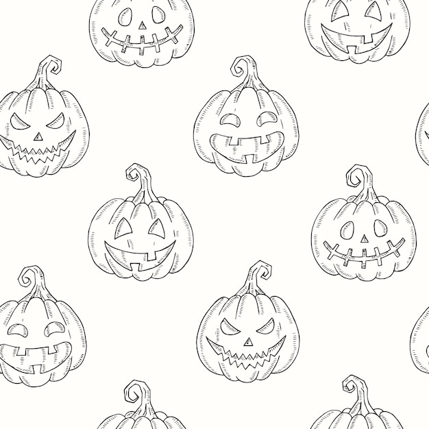 Vector patrón sin fisuras con halloween pumpkin jack en estilo boceto aislado en blanco. textura festiva para paquetes, fondos, páginas web.