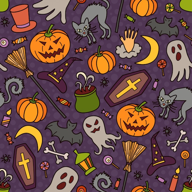 Patrón sin fisuras de Halloween con sombrero de calabaza, fantasma y bruja en estilo doodle. Ilustración dibujada a mano