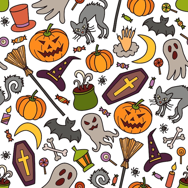 Patrón sin fisuras de Halloween con sombrero de calabaza, fantasma y bruja en estilo doodle