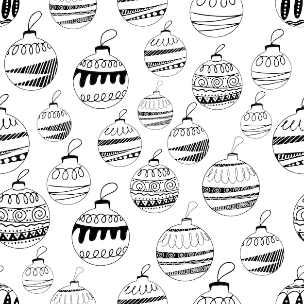 Patrón sin fisuras hecho de bolas de árbol de Navidad dibujadas a mano con elementos de doodle