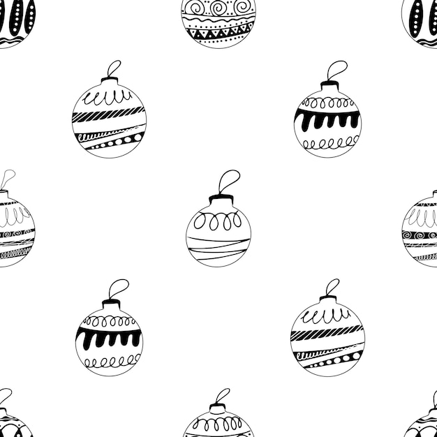 Patrón sin fisuras hecho de bolas de árbol de Navidad dibujadas a mano con elementos de doodle
