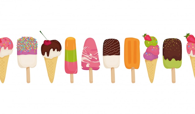 Patrón sin fisuras de helado con chocolate, fruta, nueces, pistachos, fresas, cerezas, kiwi, naranja. ilustración en estilo de dibujos animados