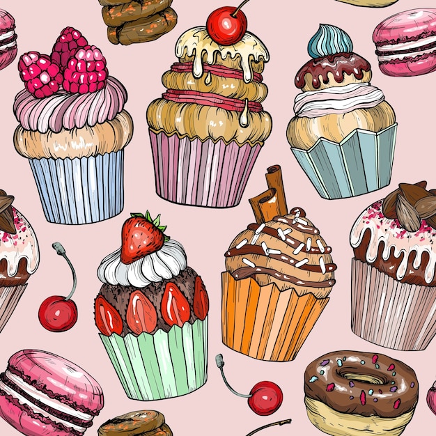 Patrón sin fisuras con helado y cupcake dulce ilustración vectorial de fondo