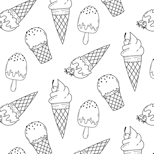 Patrón sin fisuras con helado en estilo doodle ilustración vectorial impresión lineal con helado