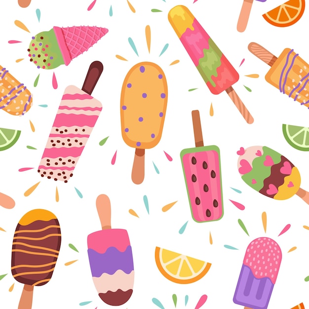 Patrón sin fisuras de helados. vacaciones de verano con paletas heladas, conos de helado y postre helado de chocolate. textura de vector de alimentos dulces de dibujos animados. ilustración helado sabroso, postre de patrones sin fisuras