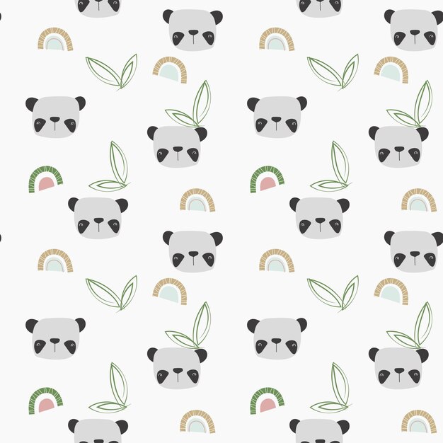 Patrón sin fisuras con hojas de bambú panda lindo y arco iris estilo de dibujos animados dibujados a mano