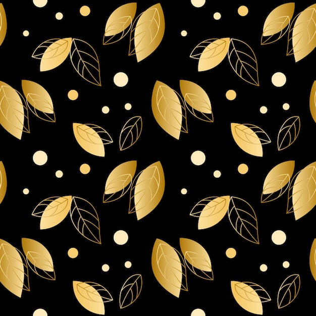 Patrón sin fisuras, hojas doradas y hojas de contorno sobre un fondo oscuro. Impresión, textil, fondo