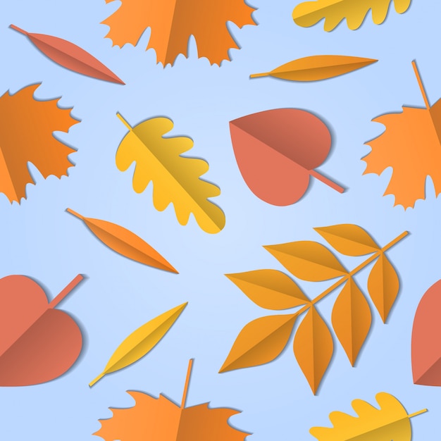Patrón sin fisuras de hojas de otoño de diferentes árboles, fondo de arte de papel