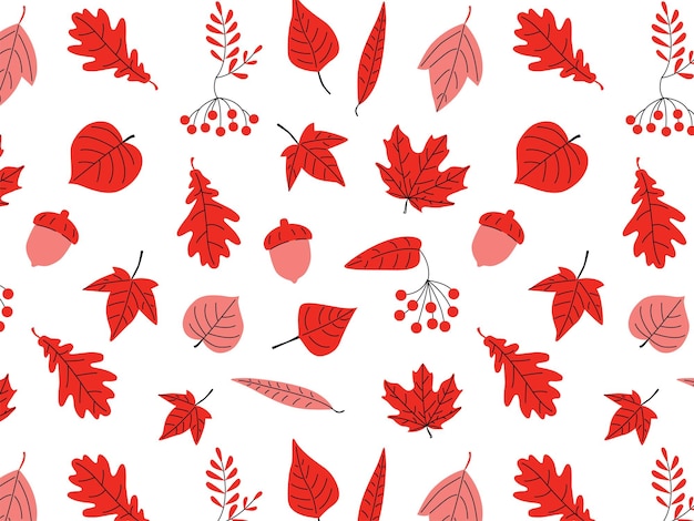 Patrón sin fisuras de hojas de otoño, ramas y bayas. caída de fondo rojo