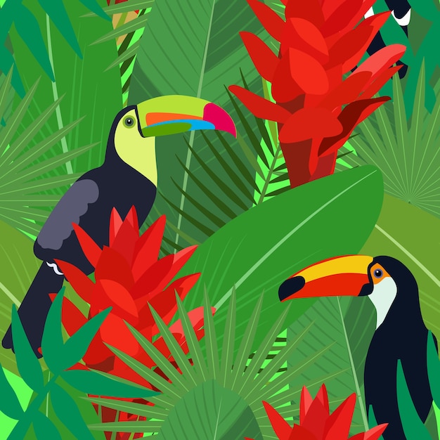 Patrón sin fisuras con hojas de palmeras tropicales y aves Tucán.