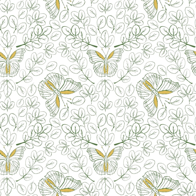 Patrón sin fisuras con hojas verdes y mariposas. Patrón de primavera. Imprimir para tela, papel de envolver, papel tapiz. garabato, patrón