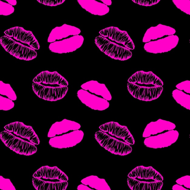 Patrón sin fisuras con huellas de labios vibrantes rosas aisladas sobre fondo negro.