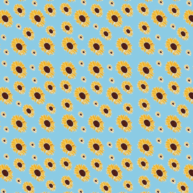 Patrón sin fisuras para el icono de vector realista de girasol sobre fondo azul.