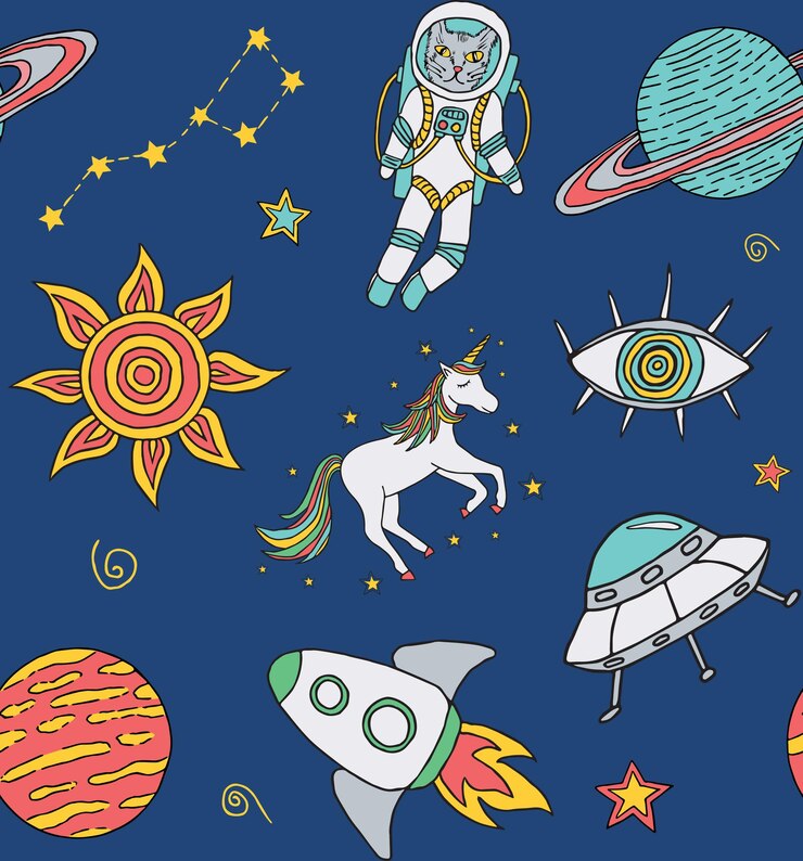 Vector patrón sin fisuras con iconos cósmicos dibujados a mano con planetas, estrellas unicornio, etc.