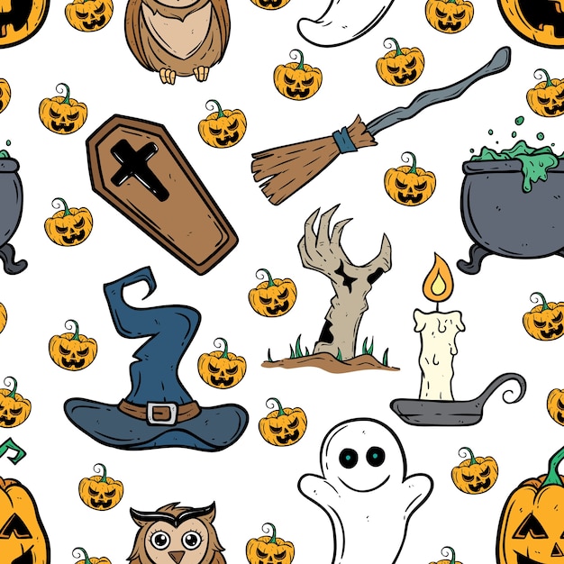 Patrón sin fisuras de los iconos de halloween con vela, mano de zombie, calabaza, fantasma y sombrero de bruja