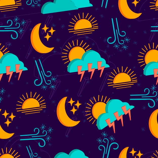 Patrón sin fisuras de iconos meteorológicos 3d aislados sobre un fondo lila oscuro