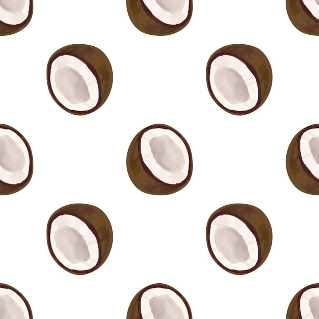 Patrón sin fisuras con iIllustration de un coco sobre un fondo blanco.