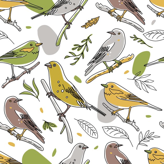 Patrón sin fisuras de la ilustración de aves. Colección de lindos garabatos de aves dibujadas a mano. Estilo de línea en minimalismo en imagen vectorial blanca