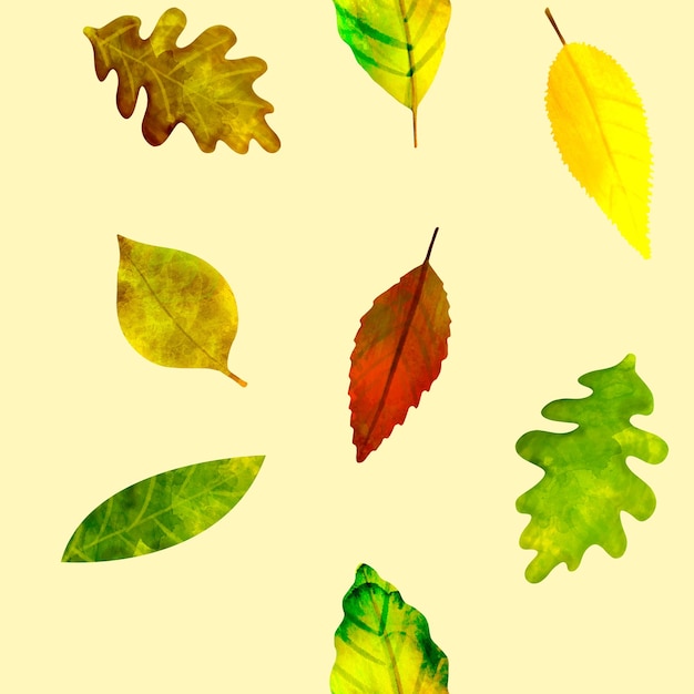 Vector patrón sin fisuras ilustración botánica hojas de otoño sobre un fondo amarillo claro