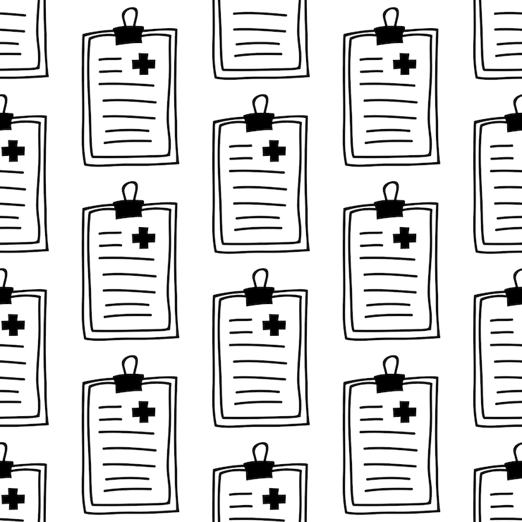 Vector patrón sin fisuras de ilustración de informe médico dibujado a mano. aislado sobre fondo blanco.