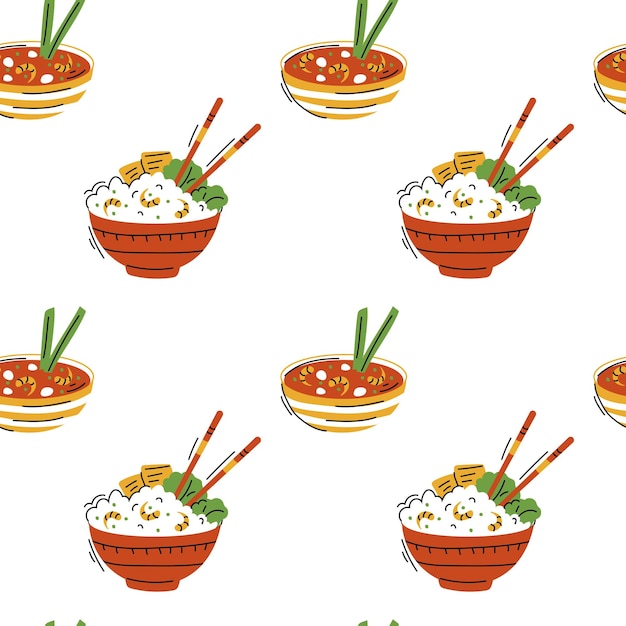 Patrón sin fisuras con la ilustración de vector de comida asiática