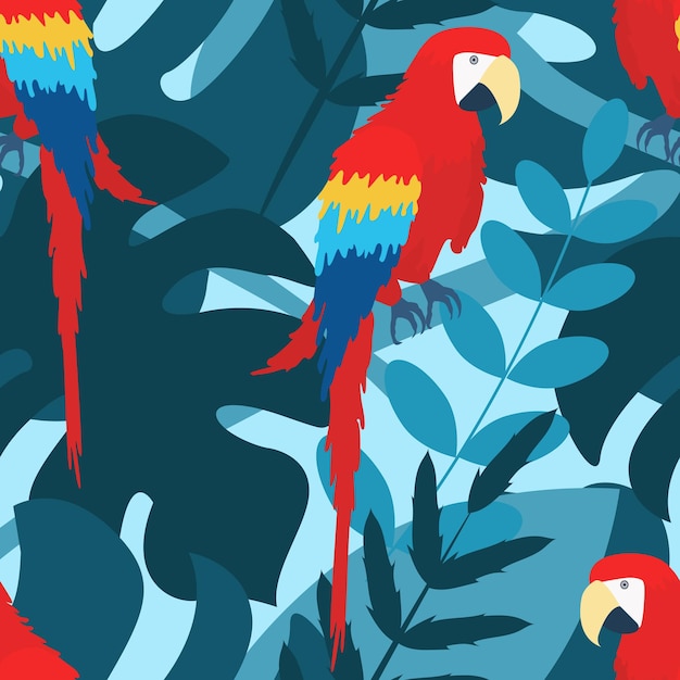 Patrón sin fisuras con la imagen de un guacamayo rojo en una rama de colores brillantes sobre un fondo azul entre las plantas tropicales