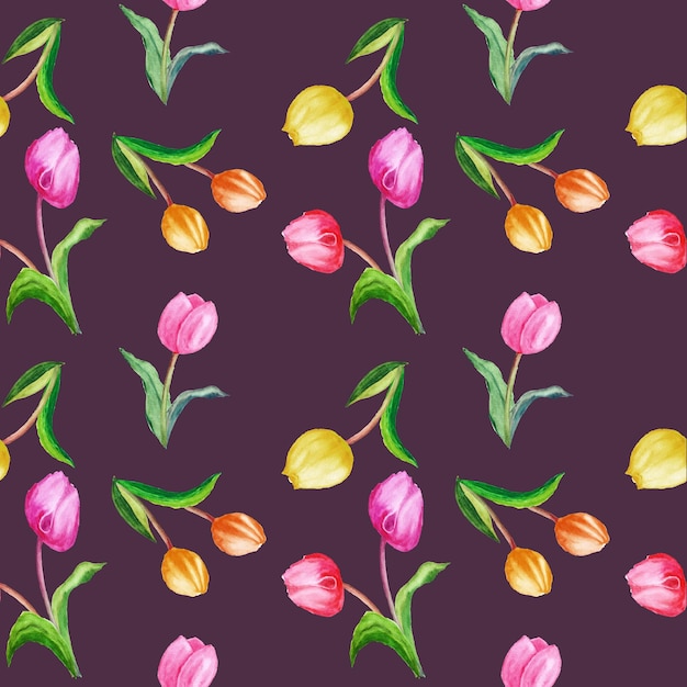 Patrón sin fisuras con la imagen de un tulipanes sobre un fondo oscuro.